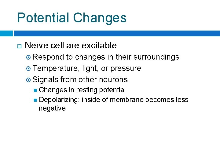 Potential Changes Nerve cell are excitable Respond to changes in their surroundings Temperature, light,