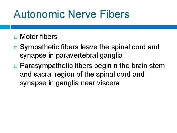 Autonomic Nerve Fibers Motor fibers Sympathetic fibers leave the spinal cord and synapse in