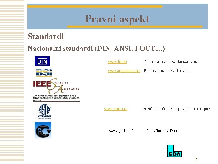 Pravni aspekt Standardi Nacionalni standardi (DIN, ANSI, ГОСТ, . . . ) www. din.