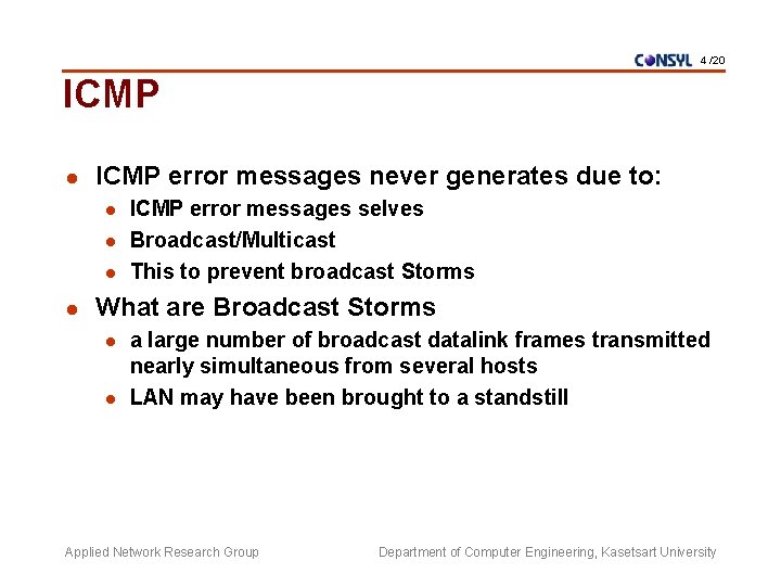4 /20 ICMP l ICMP error messages never generates due to: l l ICMP