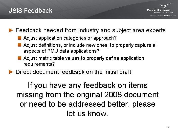 JSIS Feedback needed from industry and subject area experts Adjust application categories or approach?