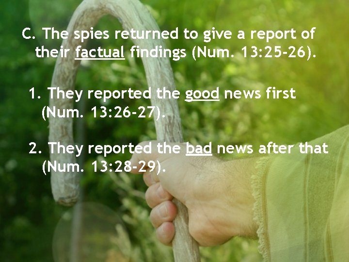 C. The spies returned to give a report of their factual findings (Num. 13: