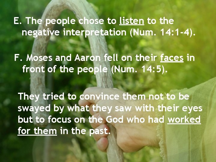 E. The people chose to listen to the negative interpretation (Num. 14: 1 -4).
