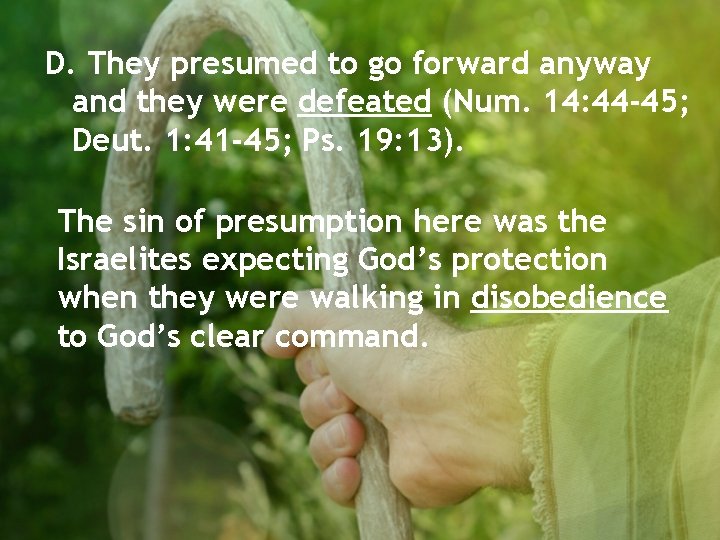 D. They presumed to go forward anyway and they were defeated (Num. 14: 44