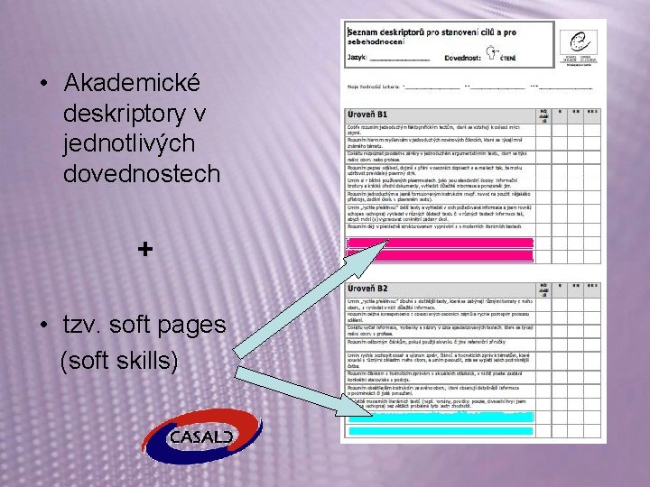  • Akademické deskriptory v jednotlivých dovednostech + • tzv. soft pages (soft skills)