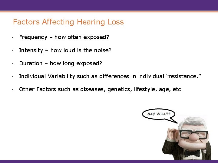 Factors Affecting Hearing Loss • Frequency – how often exposed? • Intensity – how
