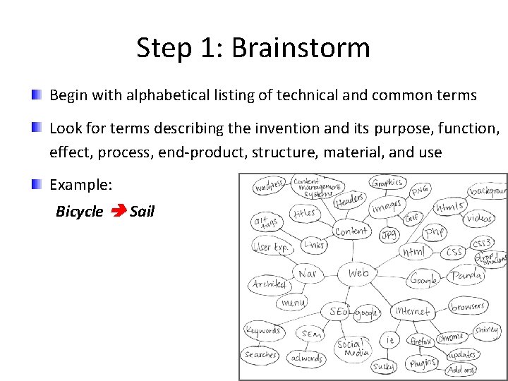 Step 1: Brainstorm Begin with alphabetical listing of technical and common terms Look for