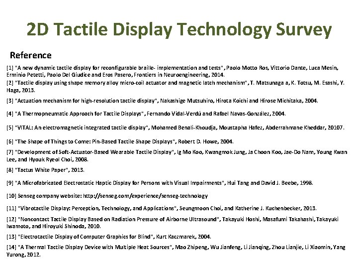 2 D Tactile Display Technology Survey Reference [1] "A new dynamic tactile display for