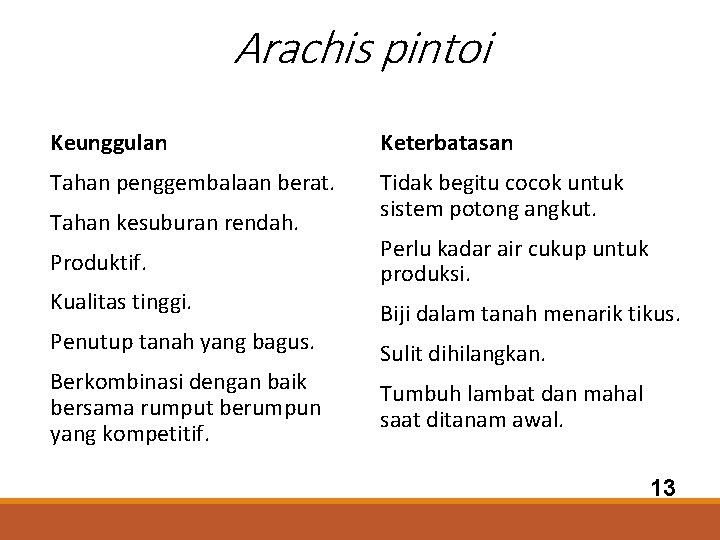 Arachis pintoi Keunggulan Keterbatasan Tahan penggembalaan berat. Tidak begitu cocok untuk sistem potong angkut.