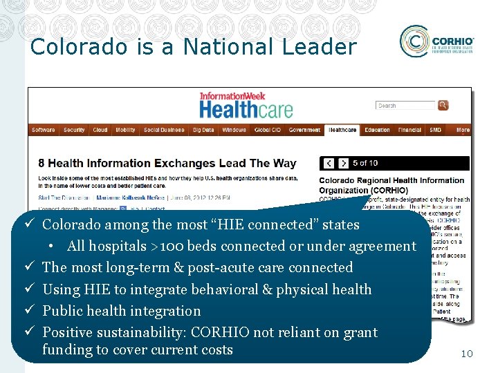 Colorado is a National Leader ü Colorado among the most “HIE connected” states • Colorado is a National Leader ü Colorado among the most “HIE connected” states •