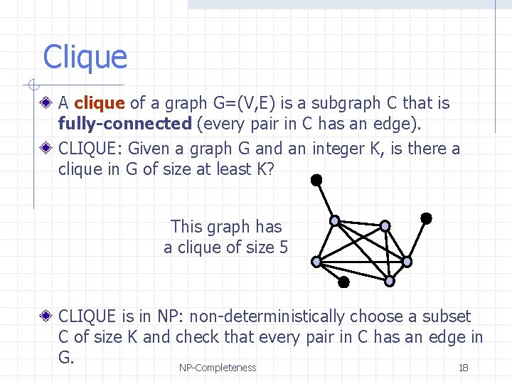 Clique A clique of a graph G=(V, E) is a subgraph C that is