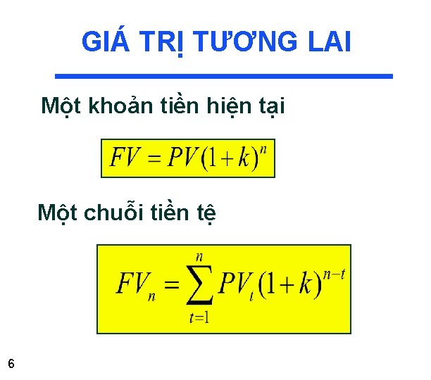 GIÁ TRỊ TƯƠNG LAI Một khoản tiền hiện tại Một chuỗi tiền tệ 6