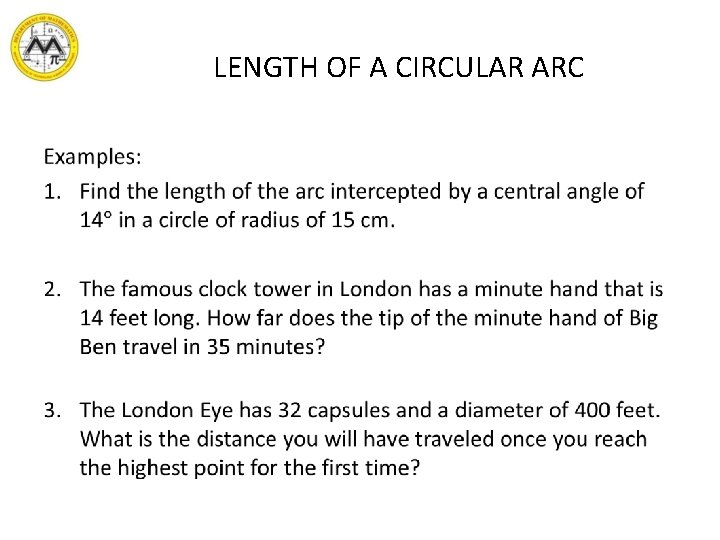 LENGTH OF A CIRCULAR ARC • 