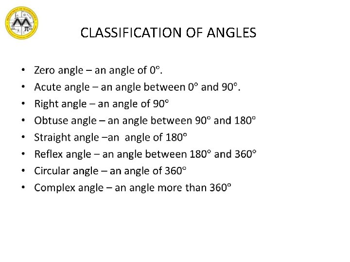 CLASSIFICATION OF ANGLES • 