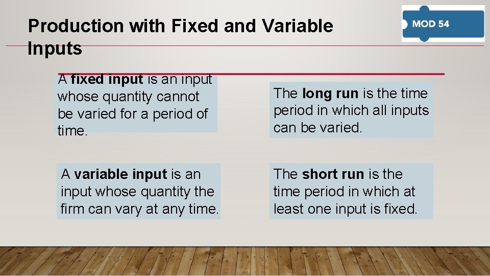 Production with Fixed and Variable Inputs A fixed input is an input whose quantity