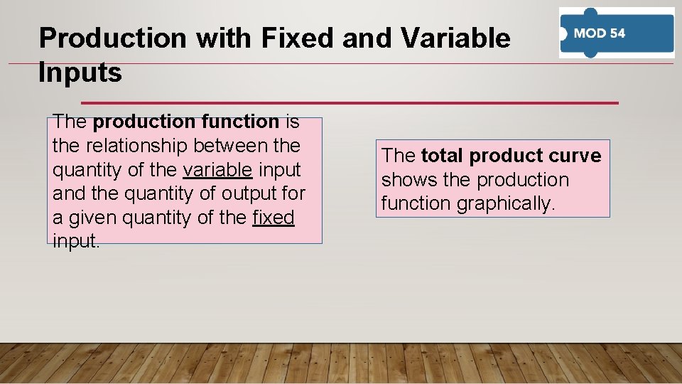 Production with Fixed and Variable Inputs The production function is the relationship between the