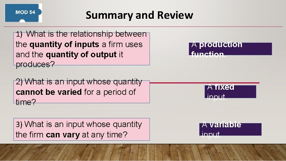 Summary and Review 1) What is the relationship between the quantity of inputs a