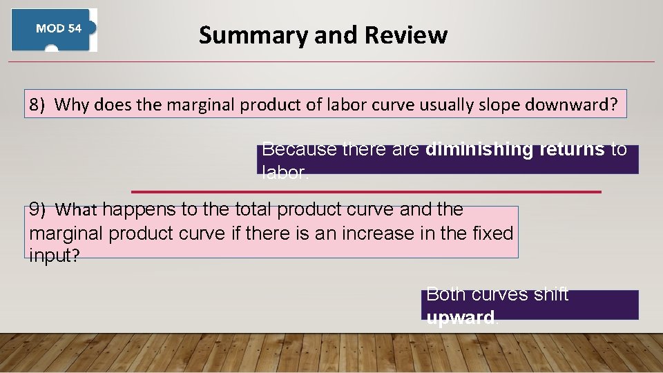 Summary and Review 8) Why does the marginal product of labor curve usually slope