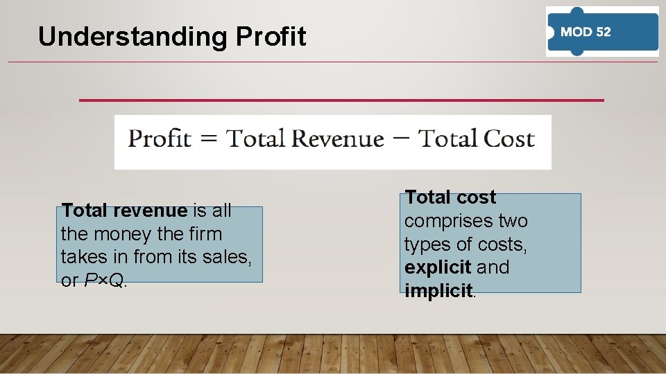 Understanding Profit Total revenue is all the money the firm takes in from its