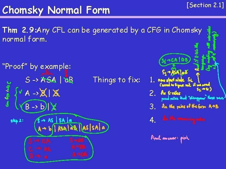 [Section 2. 1] Chomsky Normal Form Thm 2. 9: Any CFL can be generated