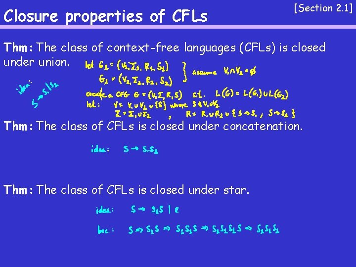 Closure properties of CFLs [Section 2. 1] Thm: The class of context-free languages (CFLs)
