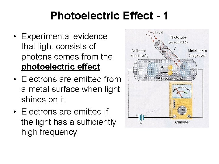 Photoelectric Effect - 1 • Experimental evidence that light consists of photons comes from