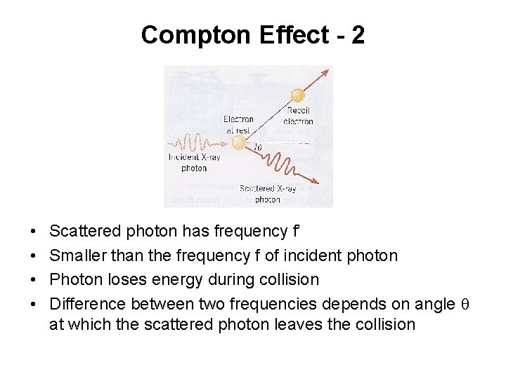 Compton Effect - 2 • • Scattered photon has frequency f’ Smaller than the