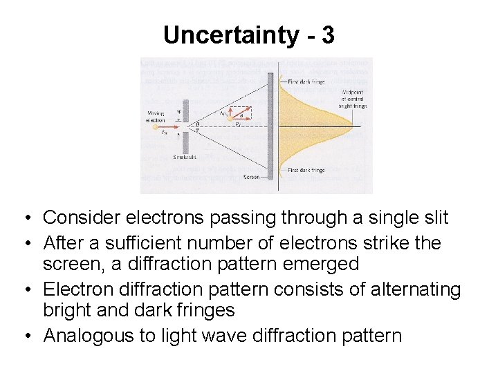 Uncertainty - 3 • Consider electrons passing through a single slit • After a
