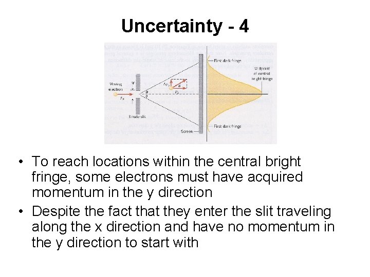 Uncertainty - 4 • To reach locations within the central bright fringe, some electrons