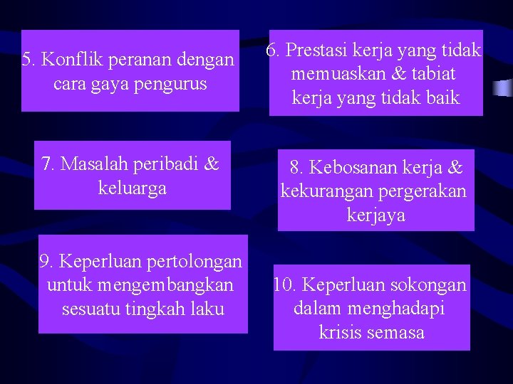 5. Konflik peranan dengan cara gaya pengurus 6. Prestasi kerja yang tidak memuaskan &