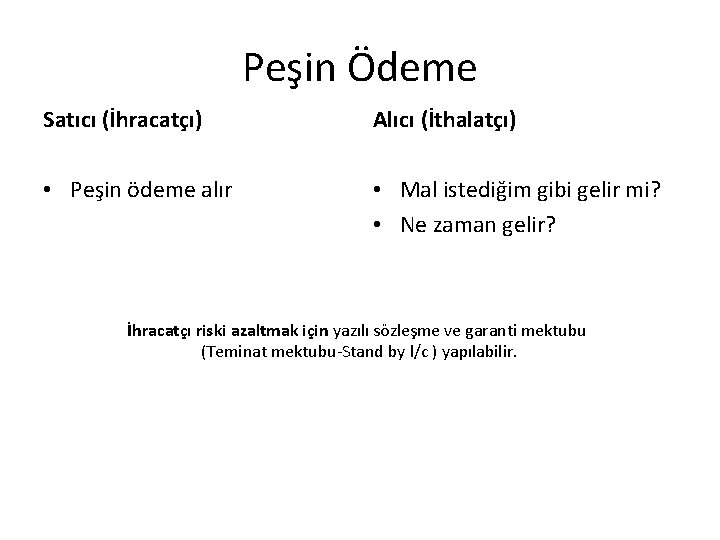 Peşin Ödeme Satıcı (İhracatçı) Alıcı (İthalatçı) • Peşin ödeme alır • Mal istediğim gibi