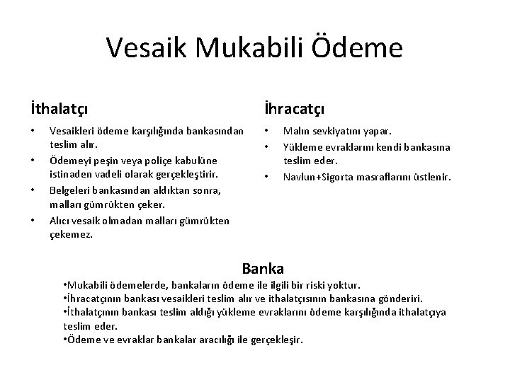 Vesaik Mukabili Ödeme İthalatçı • • İhracatçı Vesaikleri ödeme karşılığında bankasından teslim alır. Ödemeyi