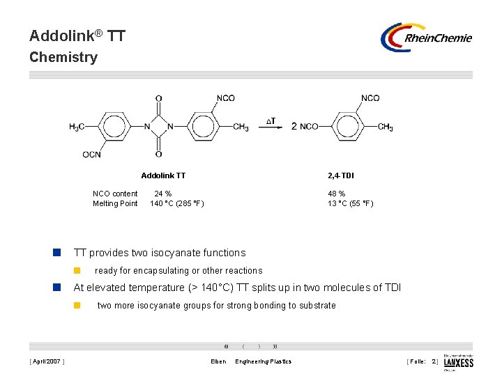 Addolink® TT Chemistry ΔT Addolink TT NCO content Melting Point 2, 4 -TDI 24
