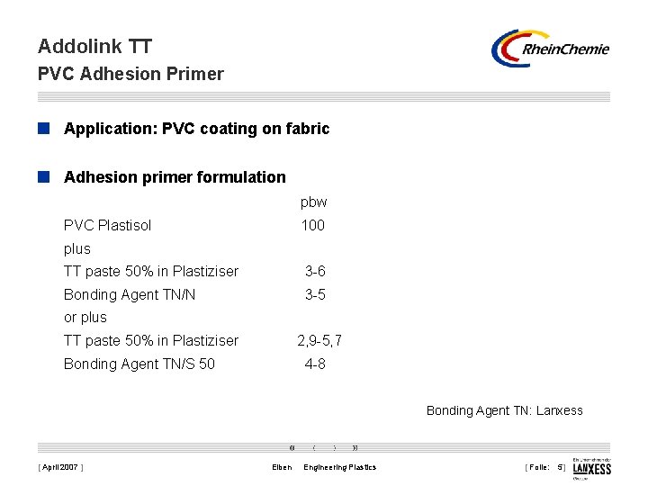 Addolink TT PVC Adhesion Primer Application: PVC coating on fabric Adhesion primer formulation pbw