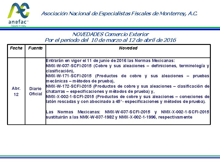 Asociación Nacional de Especialistas Fiscales de Monterrey, A. C. NOVEDADES Comercio Exterior Por el