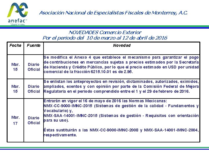 Asociación Nacional de Especialistas Fiscales de Monterrey, A. C. NOVEDADES Comercio Exterior Por el