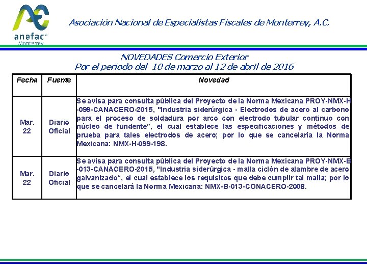 Asociación Nacional de Especialistas Fiscales de Monterrey, A. C. NOVEDADES Comercio Exterior Por el