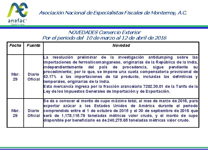 Asociación Nacional de Especialistas Fiscales de Monterrey, A. C. NOVEDADES Comercio Exterior Por el