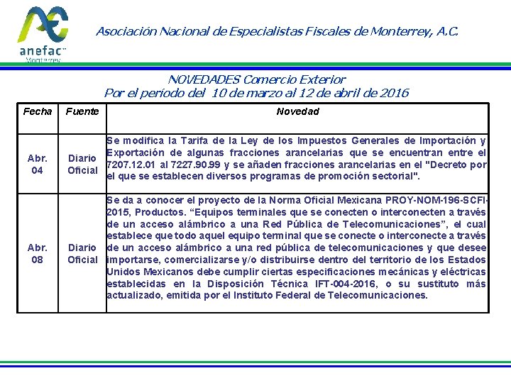 Asociación Nacional de Especialistas Fiscales de Monterrey, A. C. NOVEDADES Comercio Exterior Por el
