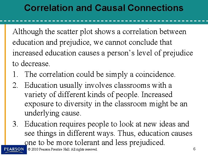 Correlation and Causal Connections Although the scatter plot shows a correlation between education and