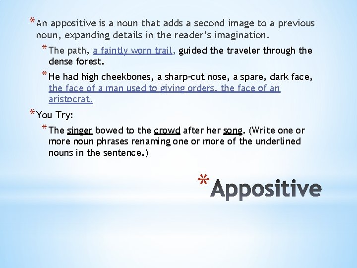 * An appositive is a noun that adds a second image to a previous