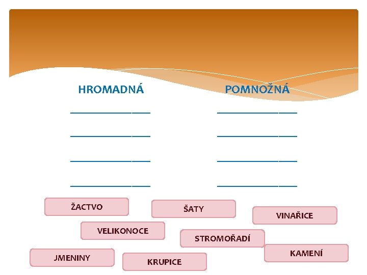 HROMADNÁ _______ POMNOŽNÁ _____________ _____________ ŽACTVO ŠATY VELIKONOCE JMENINY KRUPICE VINAŘICE STROMOŘADÍ KAMENÍ 