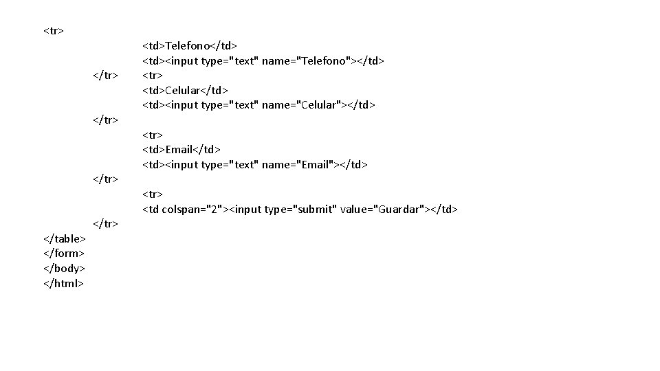 <tr> </tr> </table> </form> </body> </html> </tr> <td>Telefono</td> <td><input type="text" name="Telefono"></td> <tr> <td>Celular</td> <td><input