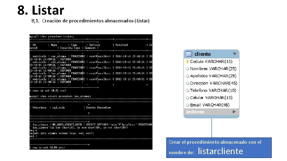 8. Listar 8, 1. Creación de procedimientos almacenados (Listar) Crear el procedimiento almacenado con