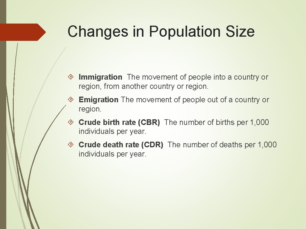 Changes in Population Size Immigration The movement of people into a country or region,