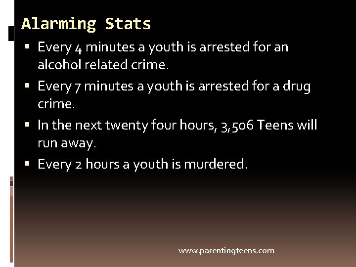 Alarming Stats Every 4 minutes a youth is arrested for an alcohol related crime.