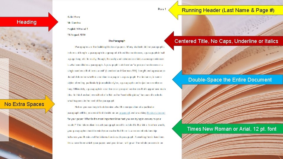 Running Header (Last Name & Page #) Heading Centered Title, No Caps, Underline or