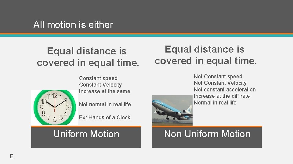 All motion is either Equal distance is covered in equal time. Constant speed Constant