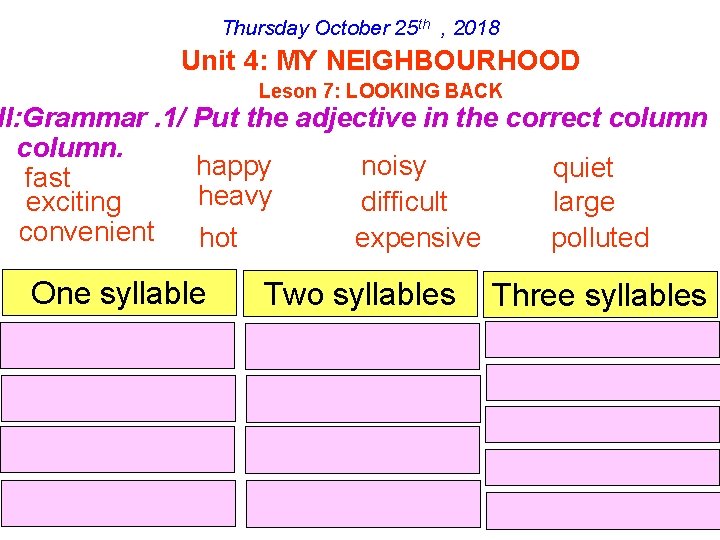 Thursday October 25 th , 2018 Unit 4: MY NEIGHBOURHOOD Leson 7: LOOKING BACK