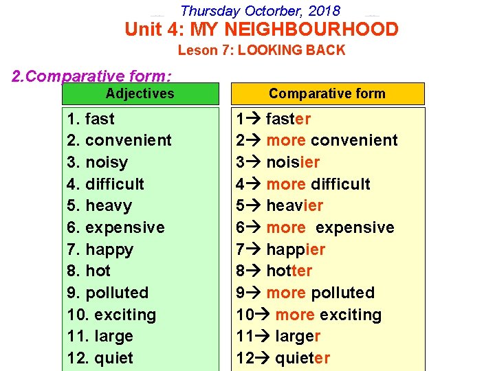 Thursday Octorber, 2018 Unit 4: MY NEIGHBOURHOOD Leson 7: LOOKING BACK 2. Comparative form: